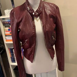 Cropped motorcycle jacket red vegan leather size 6